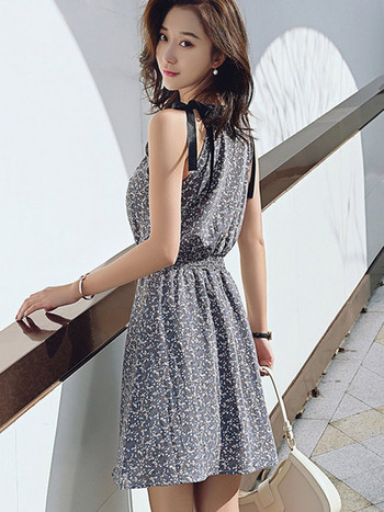 Дамска ежедневна къса рокля с флорален десен и ластик на талията