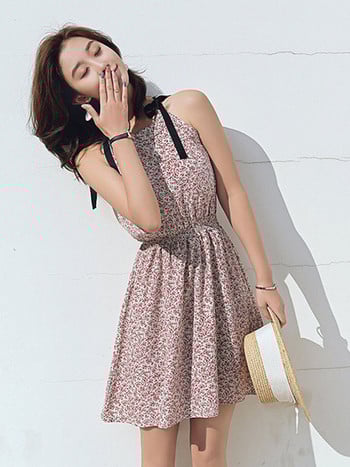 Дамска ежедневна къса рокля с флорален десен и ластик на талията