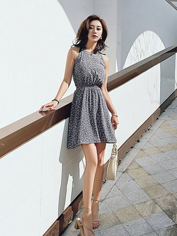 Дамска ежедневна къса рокля с флорален десен и ластик на талията