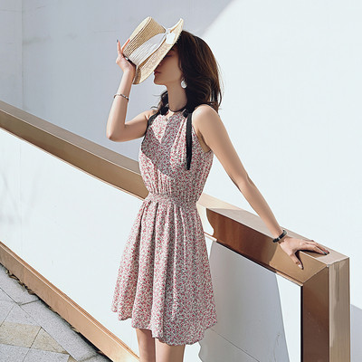 Дамска ежедневна къса рокля с флорален десен и ластик на талията