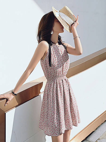 Дамска ежедневна къса рокля с флорален десен и ластик на талията