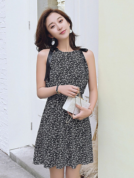 Дамска ежедневна къса рокля с флорален десен и ластик на талията