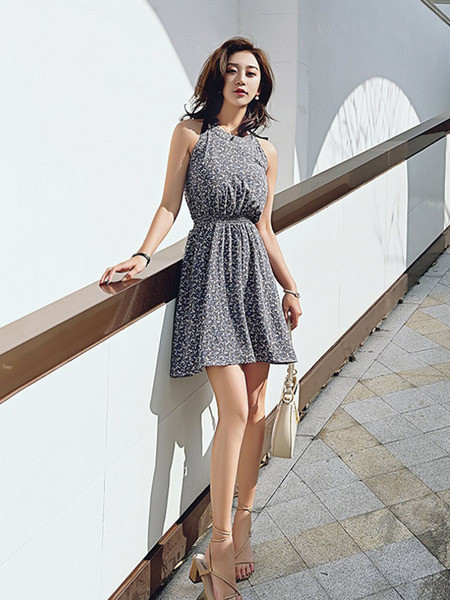 Дамска ежедневна къса рокля с флорален десен и ластик на талията