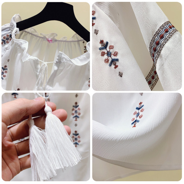 Új modell női blúz ovális nyakkivágással és hímzéssel