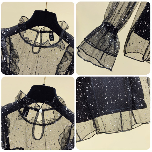 Sieviešu tilla blūze ar zemu apkakli un garām piedurknēm