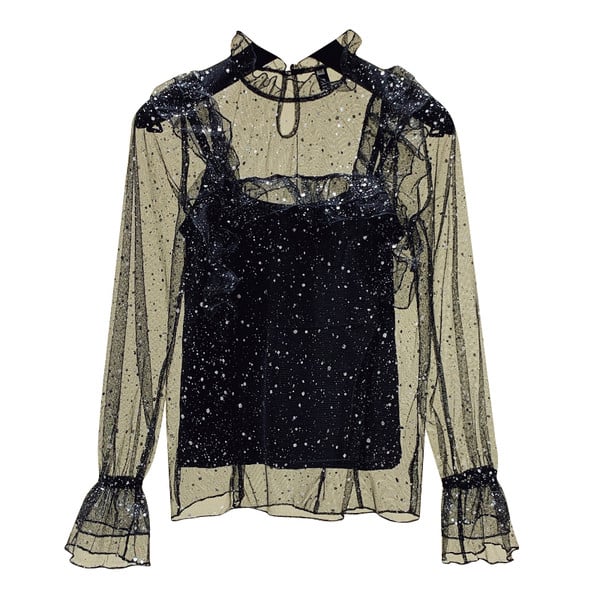 Sieviešu tilla blūze ar zemu apkakli un garām piedurknēm