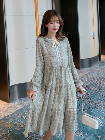 Дамска ежедневна дълг рокля с връзки и дълъг ръкав