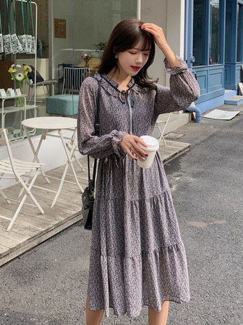 Дамска ежедневна дълг рокля с връзки и дълъг ръкав