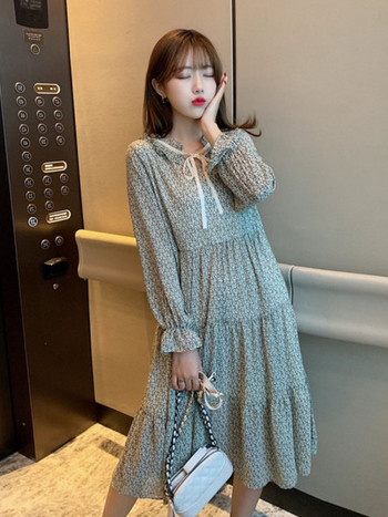 Дамска ежедневна дълг рокля с връзки и дълъг ръкав