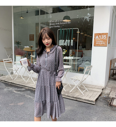 Дамска ежедневна дълг рокля с връзки и дълъг ръкав