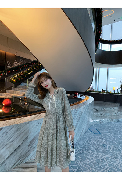 Дамска ежедневна дълг рокля с връзки и дълъг ръкав