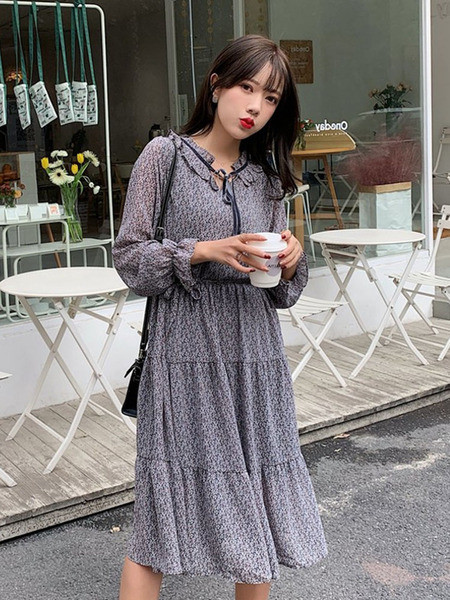 Дамска ежедневна дълг рокля с връзки и дълъг ръкав