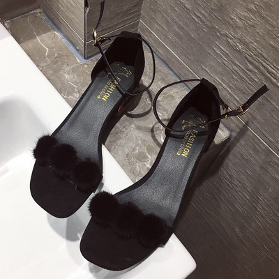 Sandale de damă elegante cu toc pătrat și element de puf