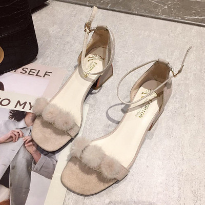 Sandale de damă elegante cu toc pătrat și element de puf