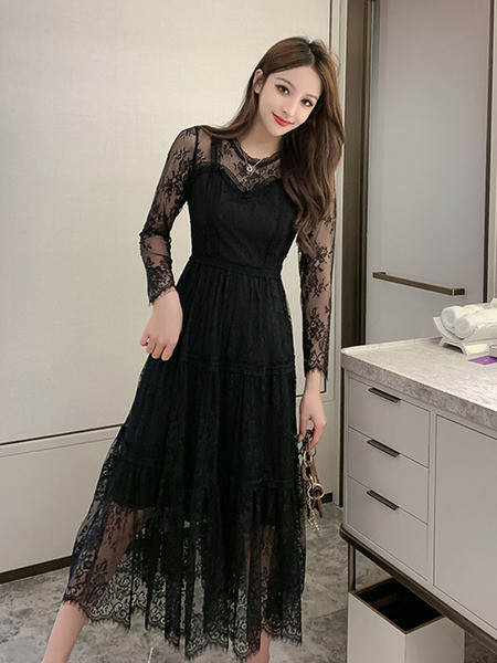 Rol lung de damă elegant cu mâneci din dantelă în negru