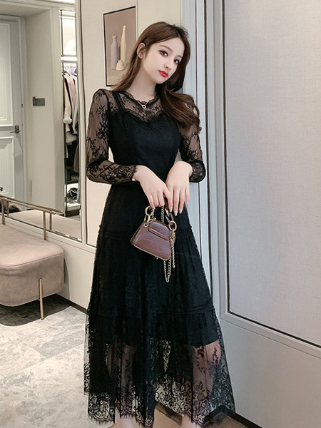 Rol lung de damă elegant cu mâneci din dantelă în negru