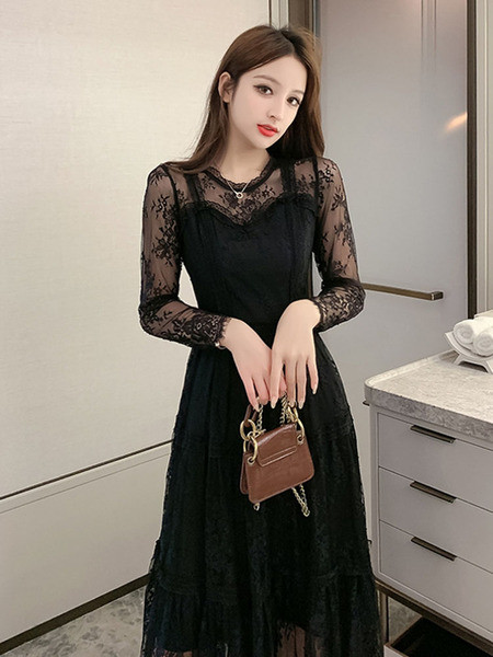 Rol lung de damă elegant cu mâneci din dantelă în negru