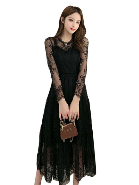 Rol lung de damă elegant cu mâneci din dantelă în negru