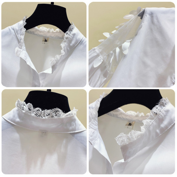 Modern női ing alacsony gallérral, tüllel, csipkével és 3D elemmel