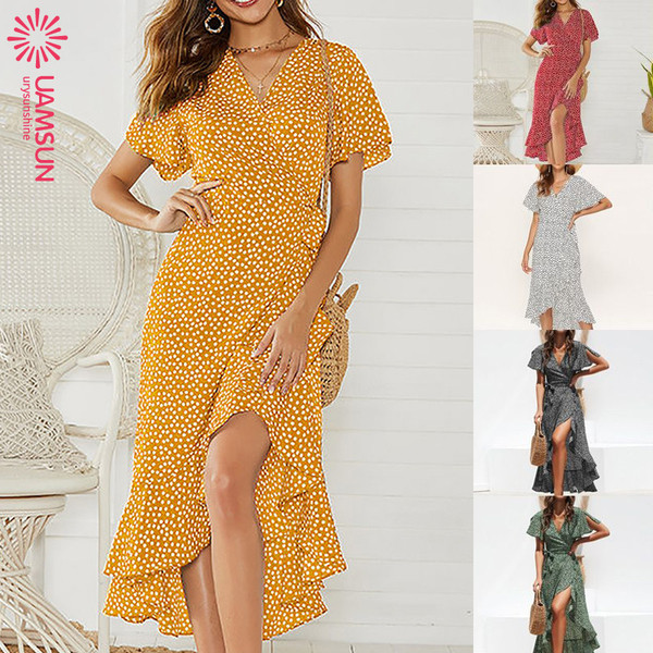 Rochie lunga dama casual model asimetric cu maneci scurte