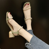 Sandale elegante de dama cu toc patrat si element-perle