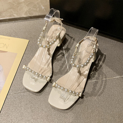 Sandale elegante de dama cu toc patrat si element-perle