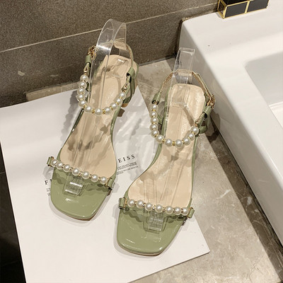 Sandale elegante de dama cu toc patrat si element-perle