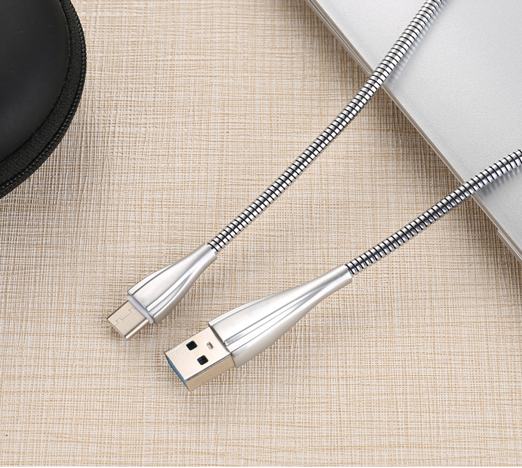 Метален бързозареждащ USB кабел тип пружина Type-C в сребрист цвят