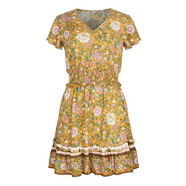 Ежедневна  дамска  къса рокля с къс ръкав и флорален десен 
