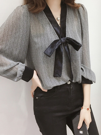 Дамска ежедневна риза с панделка и дълъг широк  ръкав