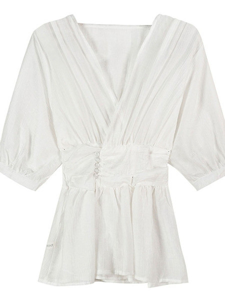 Cămașă de damă cu decolteu spitz și mâneci scurte