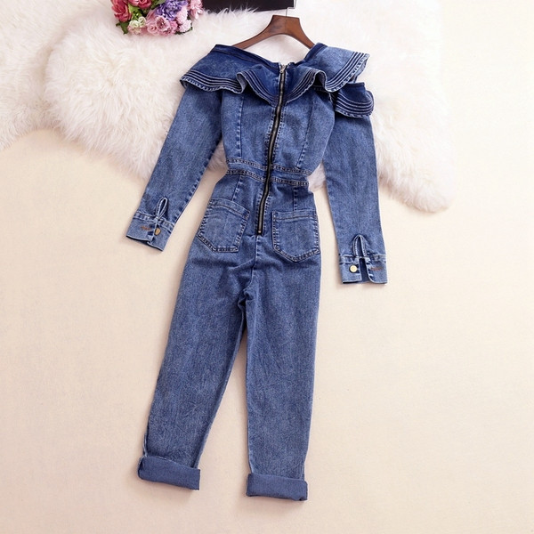 Модерен дамски дънков гащеризон с къдри