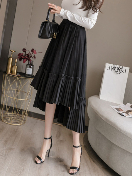 Stilingas moteriškas asimetriškas klostuotas sijonas aukštu juosmeniu