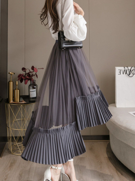 Stilingas moteriškas asimetriškas klostuotas sijonas aukštu juosmeniu