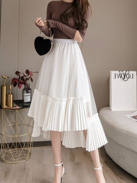 Stilingas moteriškas asimetriškas klostuotas sijonas aukštu juosmeniu