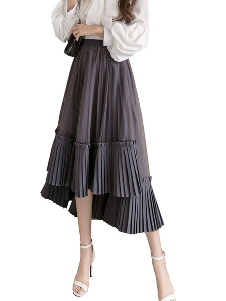 Stilingas moteriškas asimetriškas klostuotas sijonas aukštu juosmeniu