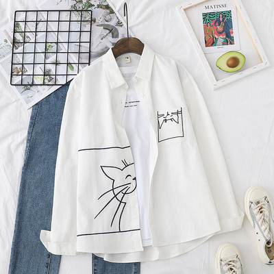 Cămașă casual de damă cu broderie, buzunar și guler clasic