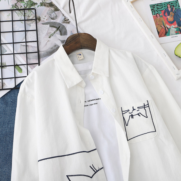 Cămașă casual de damă cu broderie, buzunar și guler clasic