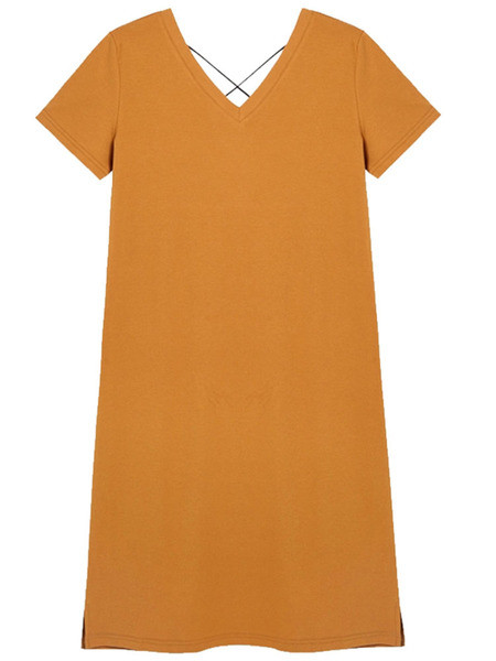 Ежедневна дамска рокля с къс ръкав и шпиц деколте