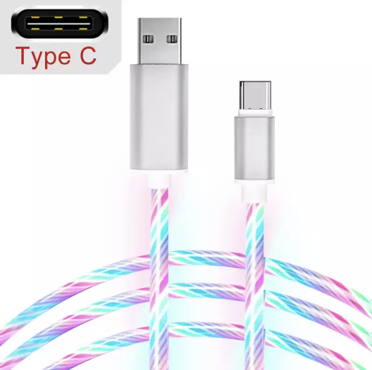 Бързозареждащ светещ USB кабел Type-C в сребрист цвят 