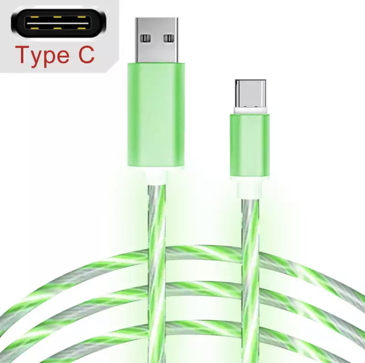 Светещ бързозареждащ USB кабел Type-C в зелен цвят