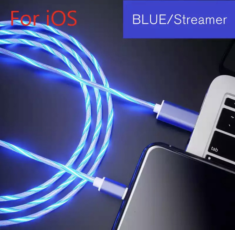 Светещ бързозареждащ USB кабел Type Lightning в син цвят 