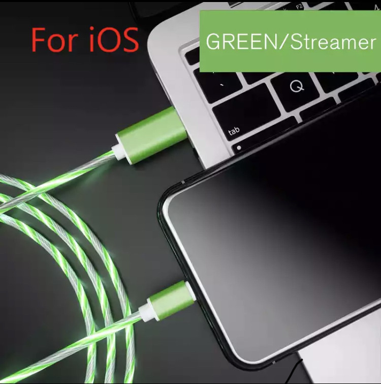 Светещ бързозареждащ USB кабел Type Lightning в зелен цвят