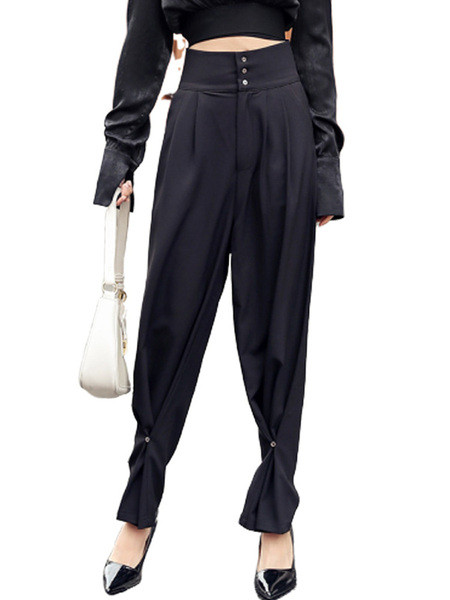 Pantaloni lungi moderni de dama cu talie inalta si nasturi