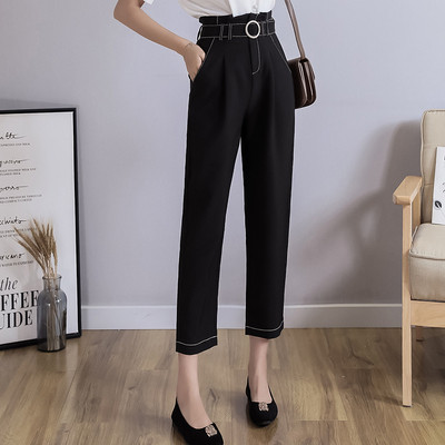 Дамски актуален панталон с висока талия и колан прав модел
