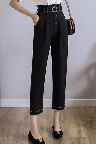 Pantaloni de dama topici cu talie inalta si model drept cu centura