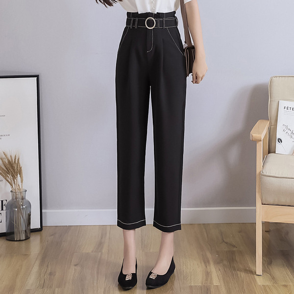 Pantaloni de dama topici cu talie inalta si model drept cu centura