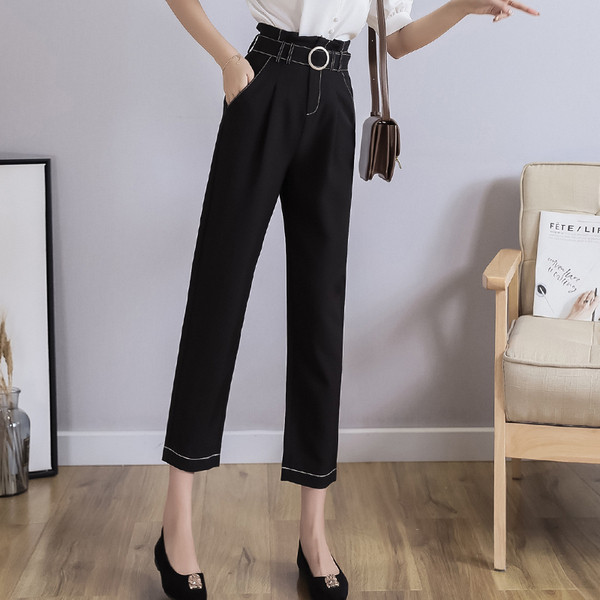 Pantaloni de dama topici cu talie inalta si model drept cu centura