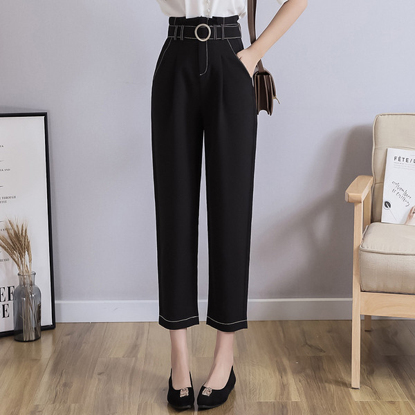 Pantaloni de dama topici cu talie inalta si model drept cu centura