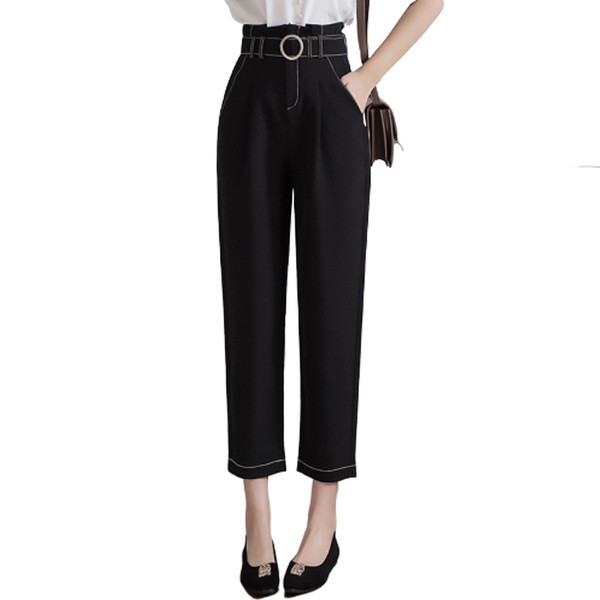 Pantaloni de dama topici cu talie inalta si model drept cu centura